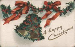 Christmas Bell with Holly and Red Ribbons Postcard