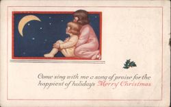 Mother and Child by Window, Crescent Moon and Stars, Merry Christmas Greeting Postcard