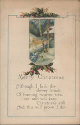 Merry Christmas Poem with Winter Landscape and Holly Decoration Postcard