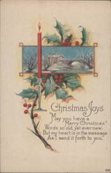 Christmas Joys Candle Holly Winter Bridge Scene Postcard