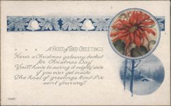 Christmas Greeting with Poinsettia, Bells, and Winter Scene Postcard