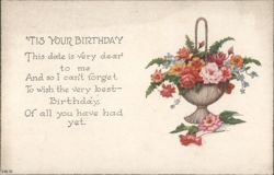Colorful Floral Basket & Birthday Greeting Postcard