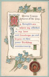 Birthday Greeting with Illuminated Initial M, Forget-Me-Nots, and Horseshoe Postcard