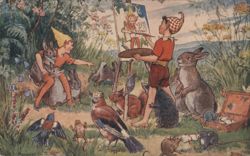 Elf Artist Painting Rabbits in a Forest, The Portrait Painter Postcard