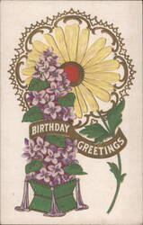 Birthday Greetings with Violets, Daisies, and Horns Postcard