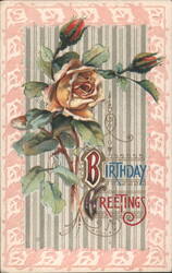 Birthday Greetings with Yellow Rose and Buds, Striped Background Postcard