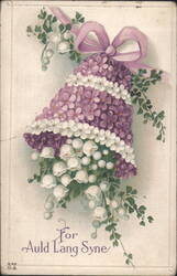 Floral Bell of Purple & White Flowers with Ribbon, 'For Auld Lang Syne' Postcard