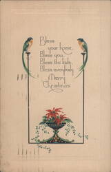 Christmas Greeting with Birds and Poinsettias Postcard