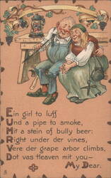 Comic Couple Under Grape Arbor with Beer and Pipe, Humorous Poem Postcard
