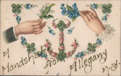 A Handshake from Allegany NY with Flowers, Shamrocks & Anchor Postcard