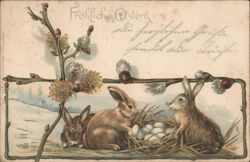Happy Easter Bunnies with Eggs & Pussy Willows, German Greeting Postcard