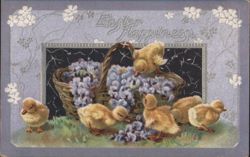 Easter Happiness with Chicks, Baskets, and Spring Flowers Postcard