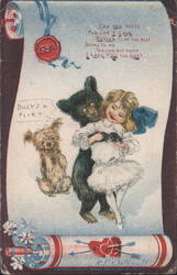 Girl, Bear, Dog, 'Billy's a Flirt' Comic Valentine by R.F. Outcault Postcard