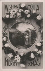 Wishing You A Merry Xmas Rose Wreath with Cottage Scene Postcard