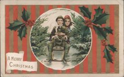 Children on Sled in Winter Scene with Holly, A Merry Christmas Greeting Postcard
