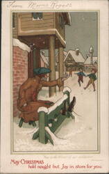 Man in Stocks in Snow, 'Winter of our Discontent' Shakespeare Quote, Christmas Greeting Postcard
