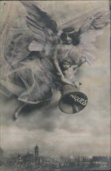 D. Mestrezian Angel & Cherub with 'Pâques' Bell over City for Easter Postcard