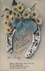 Horseshoe with Daisies & Blue Bow, 'All Good Fortune Be Yours To-Day' Greeting Postcard