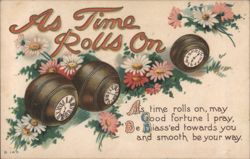 As Time Rolls On with Bowling Ball Clocks and Floral Design Postcard