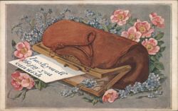 Leather Purse with Pink Roses & Forget-Me-Nots, Sentimental Greeting Postcard