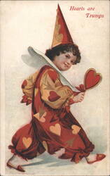 Child in Heart-Themed Jester Costume Holding Mirror, 'Hearts are Trumps' Postcard