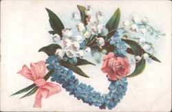 Floral Wreath with Forget-Me-Nots, Lily of the Valley, Red Rose & Pink Bow Postcard