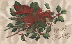 Poinsettia and Holly with Berries, Merry Christmas Greeting Postcard