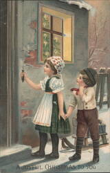 Children Ringing Bell at Christmas Tree Window, Joyful Christmas Greeting Postcard