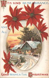 Christmas Poinsettias & Snowy Village Scene, Good Wishes Postcard