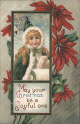 Red-Haired Girl in Winter Coat with Poinsettias, Joyful Christmas Greeting Postcard