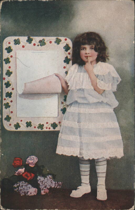 Young Girl with Finger to Lips, Message Board, and Flowers Illustration
