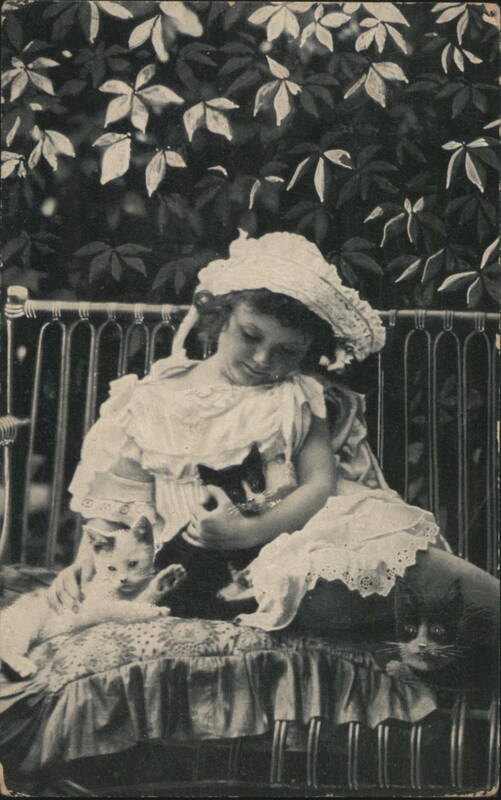 Young Girl in Hat with Three Cats on a Bench