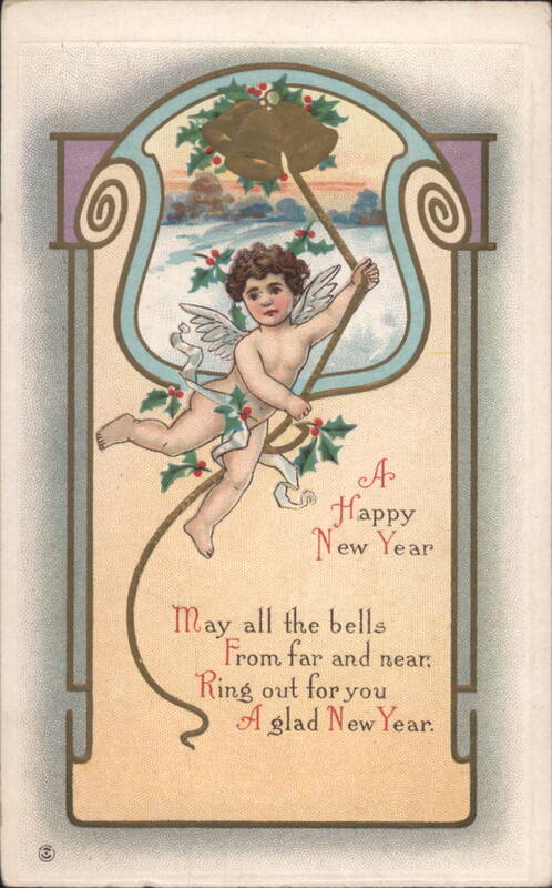 Cherub Ringing New Year's Bells with Holly and Snowy Scene