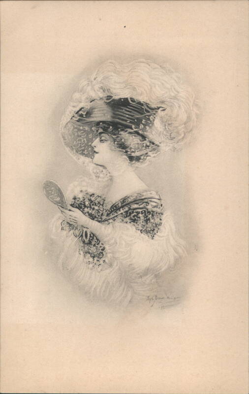 Elegant Woman in Feathered Hat with Hand Mirror Art Nouveau