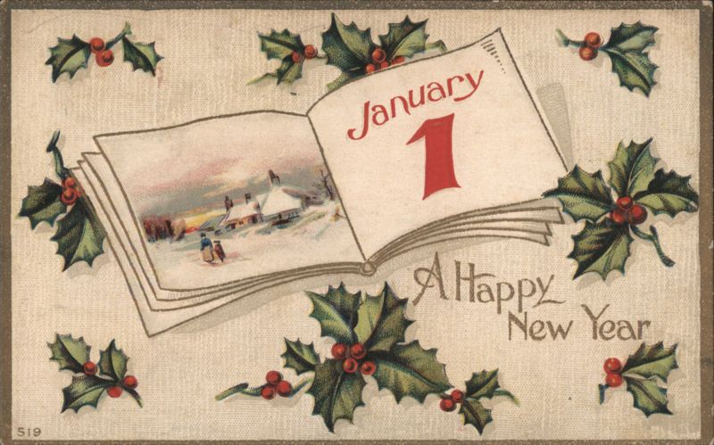 January 1 Calendar Page with Winter Scene and Holly, Happy New Year