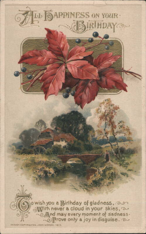 Birthday Greeting with Autumn Leaves and Village Landscape