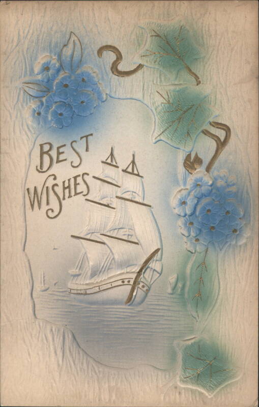 Best Wishes Embossed Sailing Ship and Blue Flowers