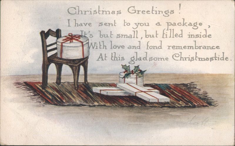 Christmas Greetings Poem, Illustrated Gifts on Chair