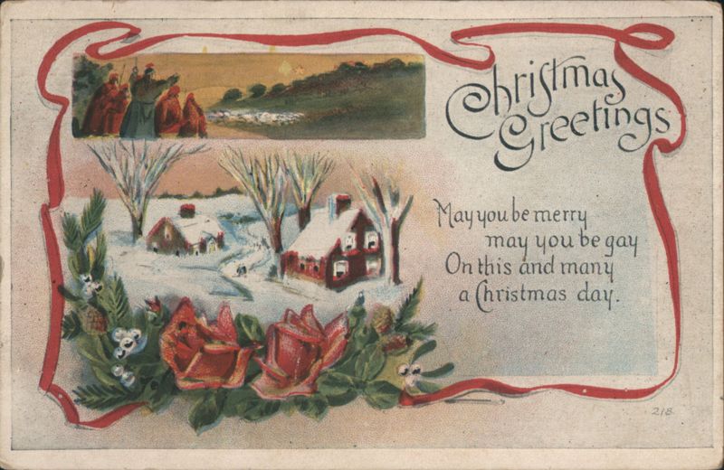Christmas Greetings Snowy Village Scene with Red Ribbons and Roses