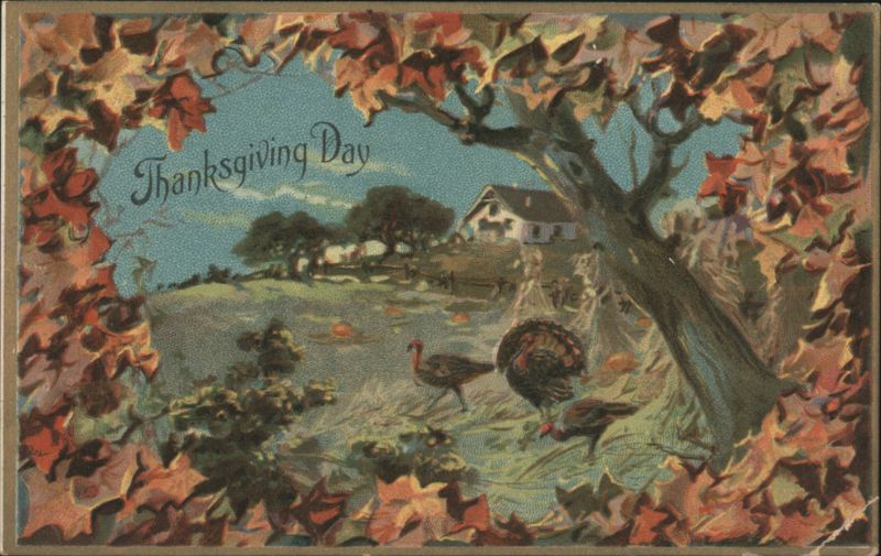 Thanksgiving Day Turkeys and Farmhouse with Autumn Leaves