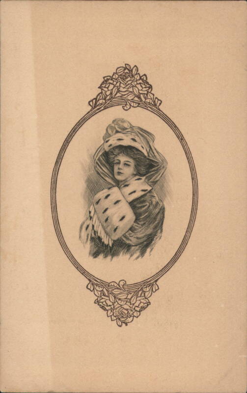 Elegant Woman in Fur Hat & Stole, Art Nouveau Floral Frame