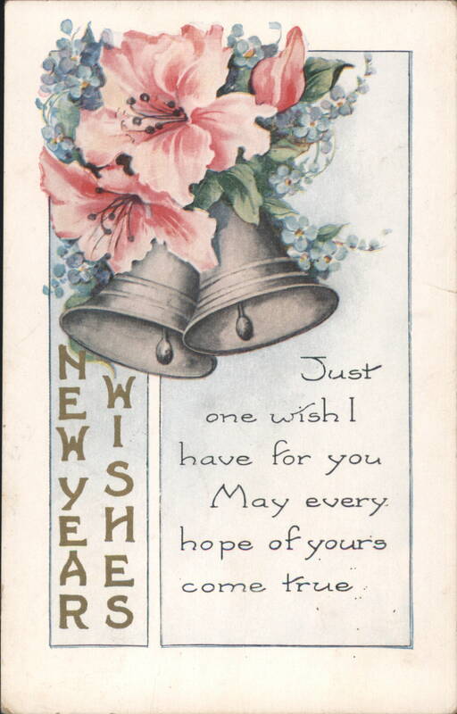 New Year's Greeting with Bells and Pink Flowers, May every hope of yours come true