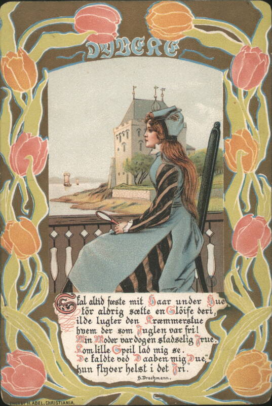 Dyveke Art Nouveau Woman with Mirror, Castle Background, Tulips Border