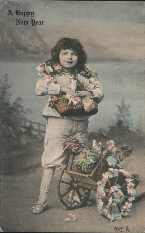 Young Girl with Flowers and Cart, Happy New Year Greeting