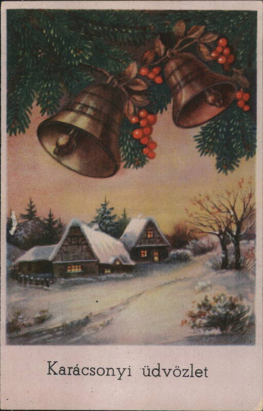Christmas Greetings Snowy Village Scene with Bells and Berries