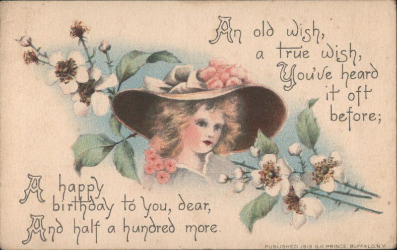 Happy Birthday Wish with Woman in Flowered Hat and Floral Design