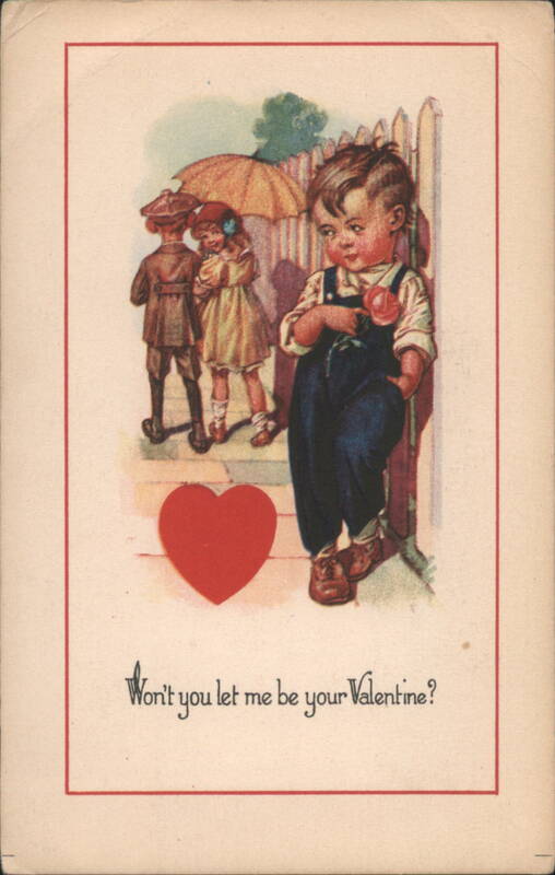 Boy in Overalls with Red Heart, 'Won't you let me be your Valentine?'