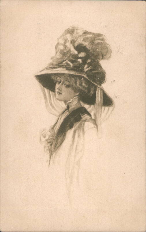 Woman in Large Feathered Hat, Art Nouveau Style Sketch