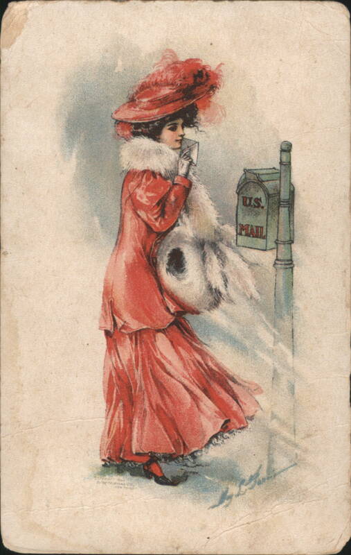 Edwardian Lady in Red Hat & Fur Mailing Letter at U.S. Mailbox