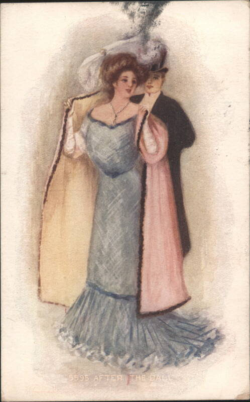 Man & Woman in Formal Attire After the Ball, Helping with Coat